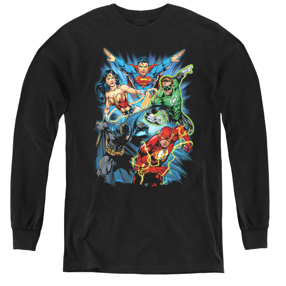AN OFFCIALLY LICENSED JLA JL ASSEMBLE YOUTH LONG SLEEVE T-SHIRT BLACK