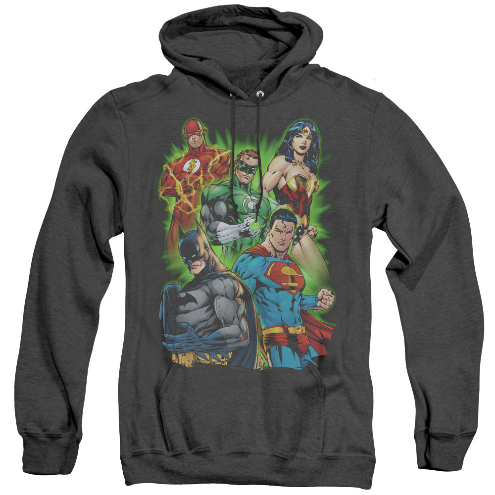 AN OFFCIALLY LICENSED JLA WILL POWER ADULT UNISEX HEATHER PULLOVER HOODIE BLACK