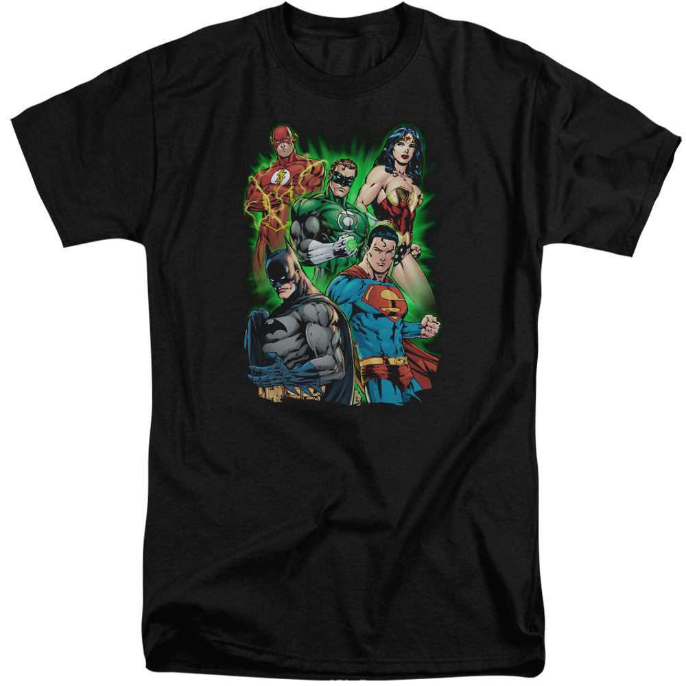 AN OFFCIALLY LICENSED JLA WILL POWER MEN'S TALL FIT T-SHIRT BLACK