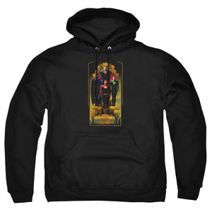 AN OFFCIALLY LICENSED JLA DECO ADULT UNISEX PULLOVER HOODIE BLACK