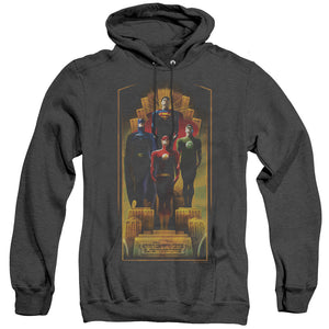 AN OFFCIALLY LICENSED JLA DECO ADULT UNISEX HEATHER PULLOVER HOODIE BLACK
