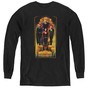 AN OFFCIALLY LICENSED JLA DECO YOUTH LONG SLEEVE T-SHIRT BLACK