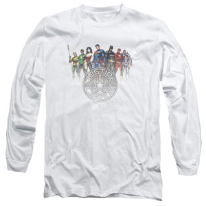 AN OFFCIALLY LICENSED JLA CIRCLE CREST MEN'S LONG SLEEVE T-SHIRT WHITE