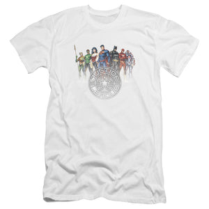 AN OFFCIALLY LICENSED JLA CIRCLE CREST MEN'S PREMIUM SLIM FIT T-SHIRT WHITE
