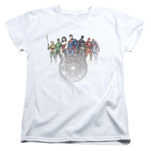 AN OFFCIALLY LICENSED JLA CIRCLE CREST WOMEN'S REGULAR FIT T-SHIRT WHITE