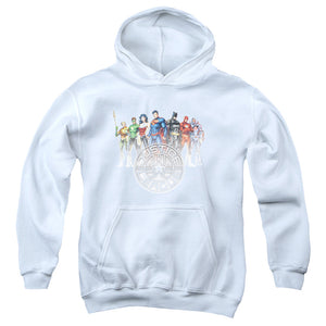 AN OFFCIALLY LICENSED JLA CIRCLE CREST YOUTH HOODIE WHITE
