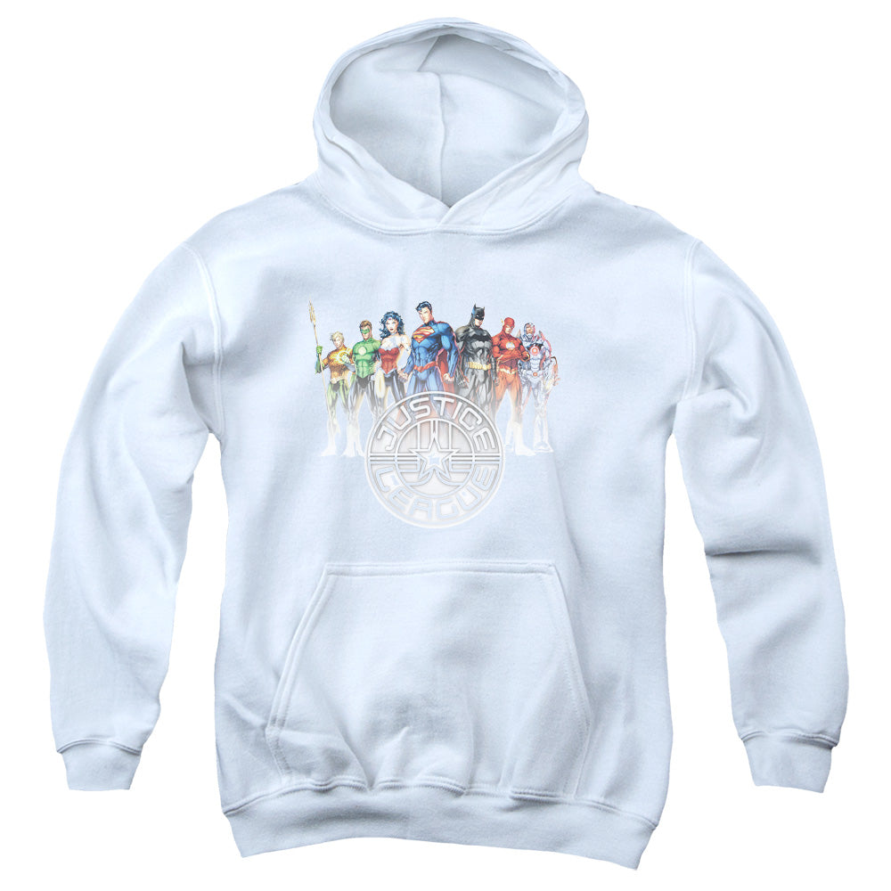 AN OFFCIALLY LICENSED JLA CIRCLE CREST YOUTH HOODIE WHITE