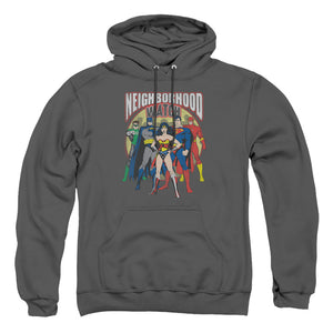 AN OFFCIALLY LICENSED JLA NEIGHBORHOOD WATCH ADULT UNISEX PULLOVER HOODIE CHARCOAL