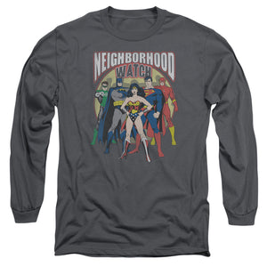 AN OFFCIALLY LICENSED JLA NEIGHBORHOOD WATCH MEN'S LONG SLEEVE T-SHIRT CHARCOAL