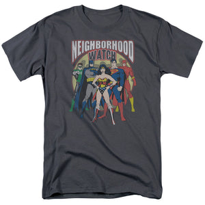 AN OFFCIALLY LICENSED JLA NEIGHBORHOOD WATCH MEN'S REGULAR FIT T-SHIRT CHARCOAL