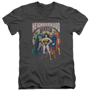 AN OFFCIALLY LICENSED JLA NEIGHBORHOOD WATCH MEN'S V-NECK T-SHIRT CHARCOAL