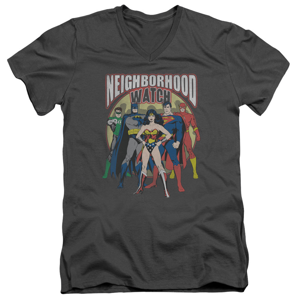 AN OFFCIALLY LICENSED JLA NEIGHBORHOOD WATCH MEN'S V-NECK T-SHIRT CHARCOAL