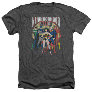 AN OFFCIALLY LICENSED JLA NEIGHBORHOOD WATCH MEN'S HEATHER T-SHIRT CHARCOAL
