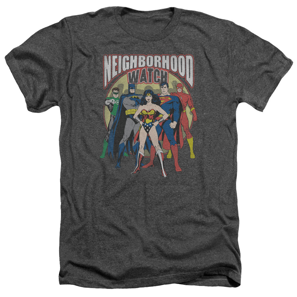 AN OFFCIALLY LICENSED JLA NEIGHBORHOOD WATCH MEN'S HEATHER T-SHIRT CHARCOAL