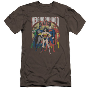 AN OFFCIALLY LICENSED JLA NEIGHBORHOOD WATCH MEN'S PREMIUM SLIM FIT T-SHIRT CHARCOAL