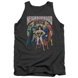 AN OFFCIALLY LICENSED JLA NEIGHBORHOOD WATCH ADULT UNISEX TANK TOP CHARCOAL