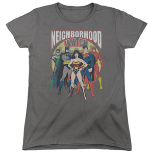 AN OFFCIALLY LICENSED JLA NEIGHBORHOOD WATCH WOMEN'S REGULAR FIT T-SHIRT CHARCOAL