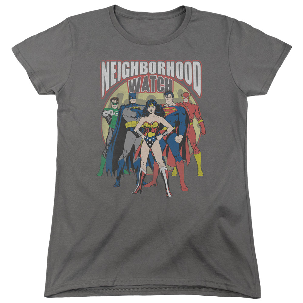 AN OFFCIALLY LICENSED JLA NEIGHBORHOOD WATCH WOMEN'S REGULAR FIT T-SHIRT CHARCOAL