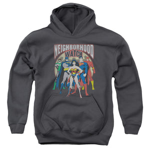 AN OFFCIALLY LICENSED JLA NEIGHBORHOOD WATCH YOUTH HOODIE CHARCOAL