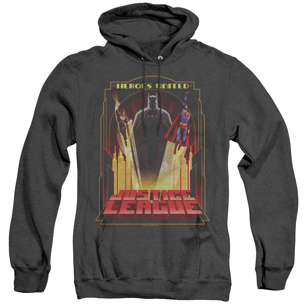 AN OFFCIALLY LICENSED JLA HEROES UNITED ADULT UNISEX HEATHER PULLOVER HOODIE BLACK