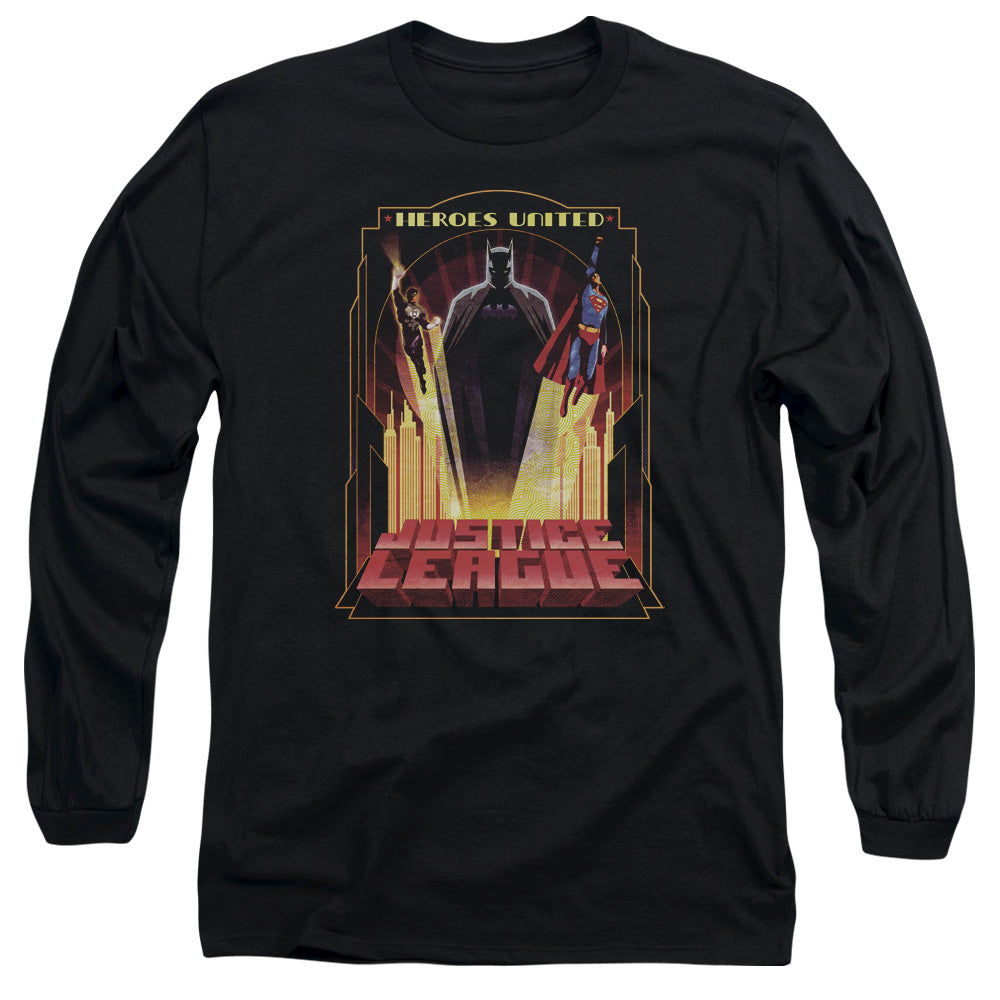 AN OFFCIALLY LICENSED JLA HEROES UNITED MEN'S LONG SLEEVE T-SHIRT BLACK