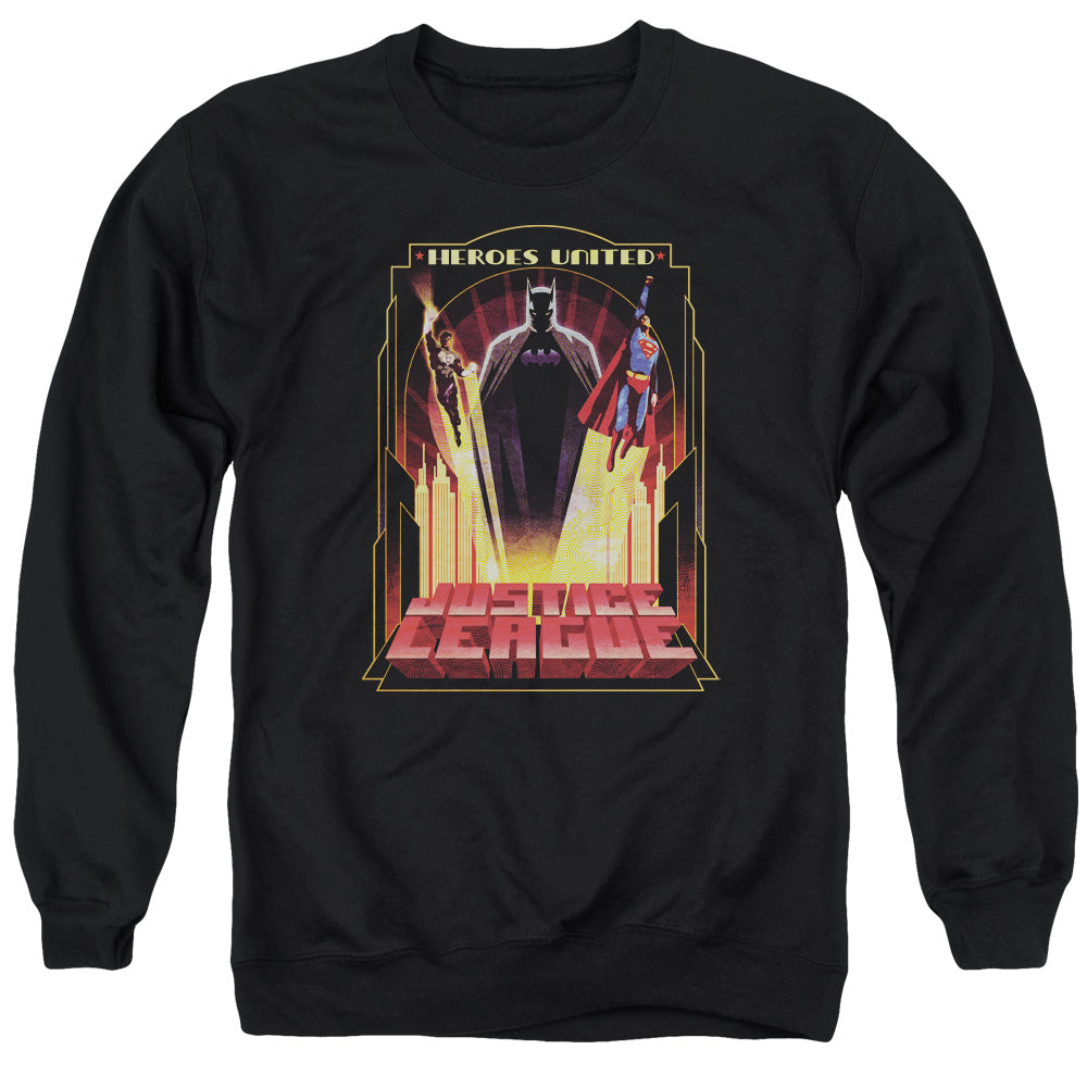 AN OFFCIALLY LICENSED JLA HEROES UNITED ADULT UNISEX CREWNECK SWEATSHIRT BLACK