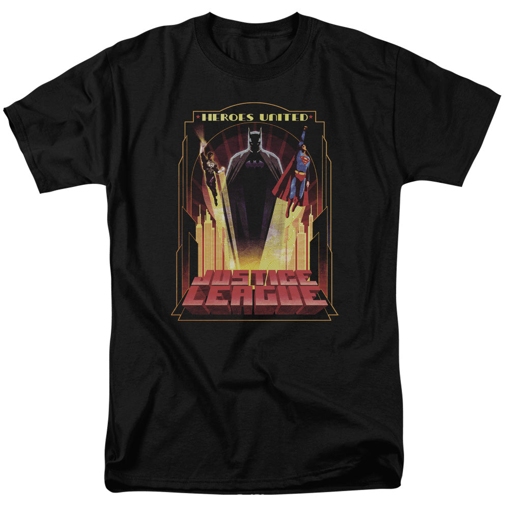 AN OFFCIALLY LICENSED JLA HEROES UNITED MEN'S REGULAR FIT T-SHIRT BLACK
