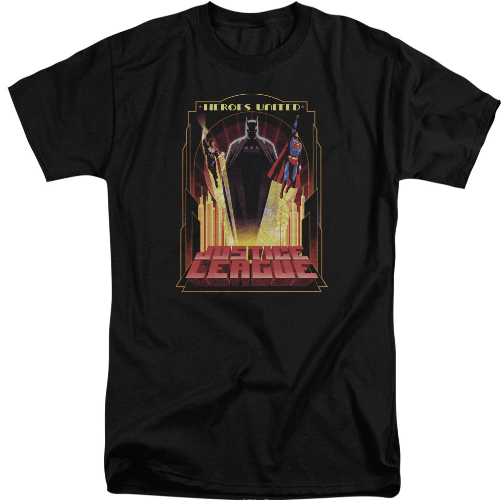 AN OFFCIALLY LICENSED JLA HEROES UNITED MEN'S TALL FIT T-SHIRT BLACK