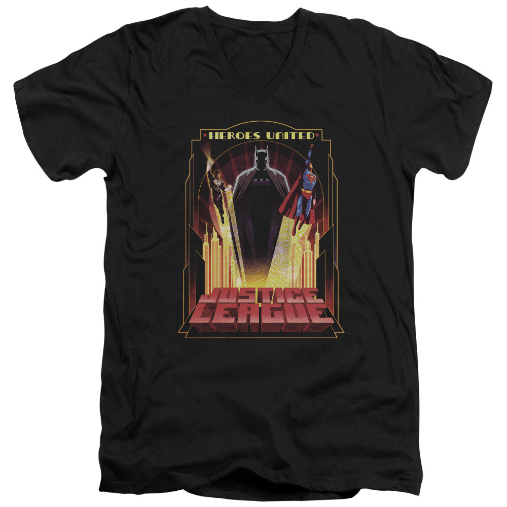 AN OFFCIALLY LICENSED JLA HEROES UNITED MEN'S V-NECK T-SHIRT BLACK