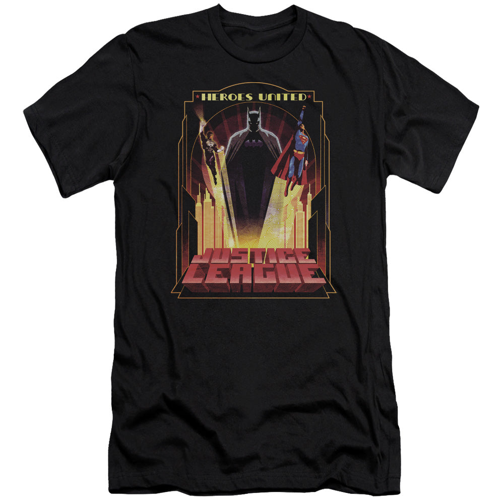 AN OFFCIALLY LICENSED JLA HEROES UNITED MEN'S PREMIUM SLIM FIT T-SHIRT BLACK
