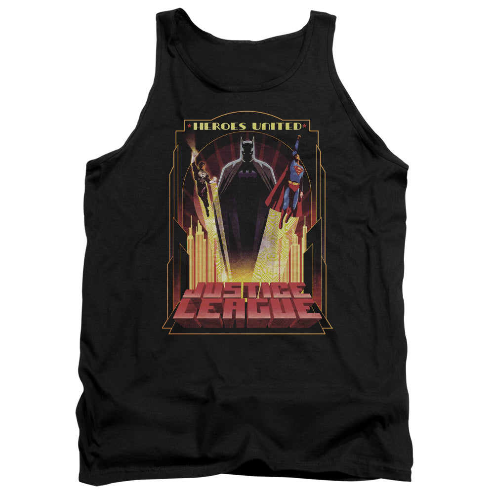 AN OFFCIALLY LICENSED JLA HEROES UNITED ADULT UNISEX TANK TOP BLACK