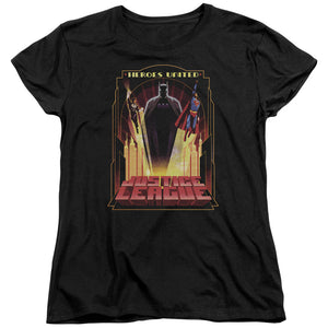 AN OFFCIALLY LICENSED JLA HEROES UNITED WOMEN'S REGULAR FIT T-SHIRT BLACK