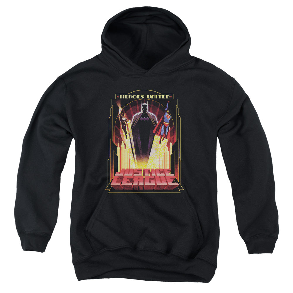 AN OFFCIALLY LICENSED JLA HEROES UNITED YOUTH HOODIE BLACK