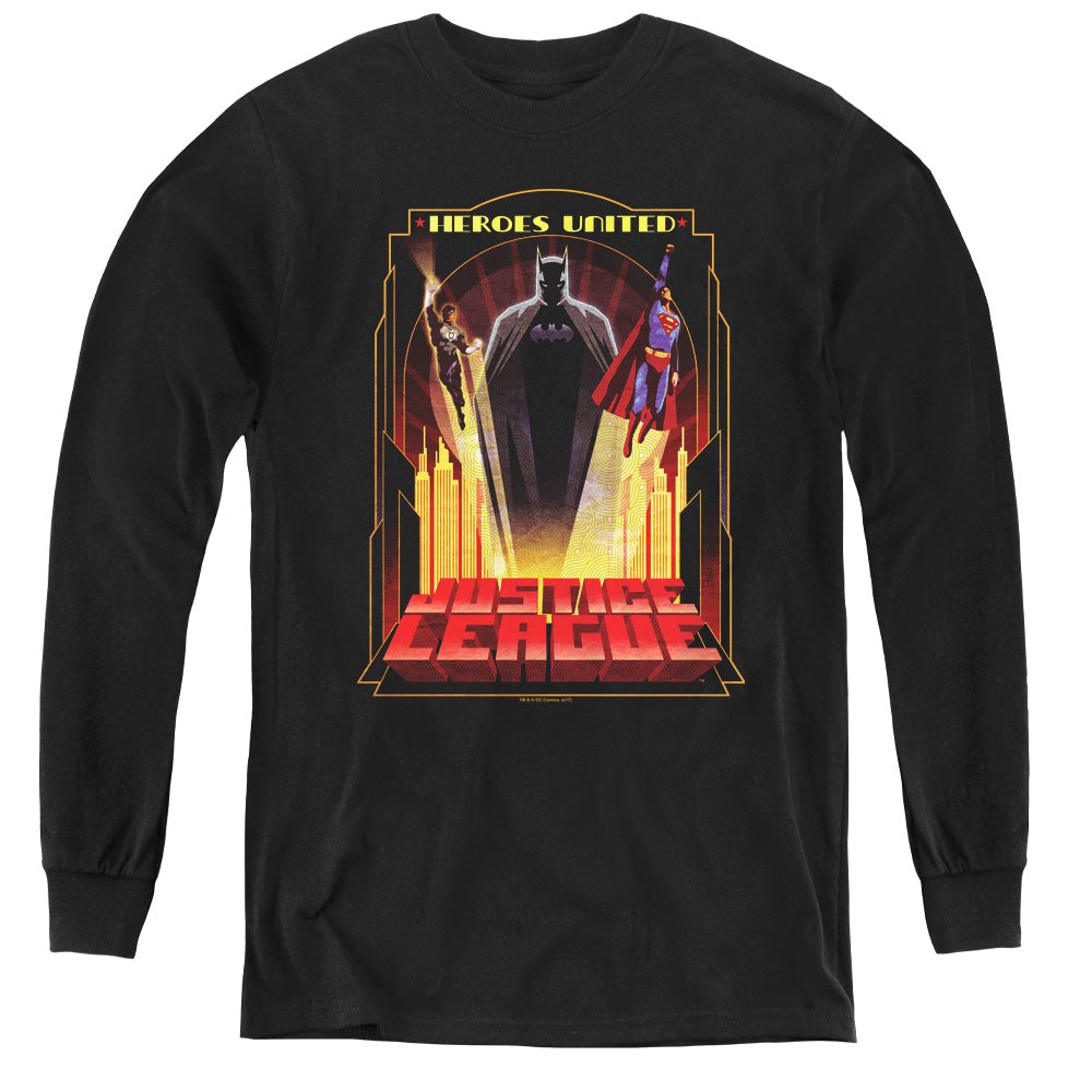 AN OFFCIALLY LICENSED JLA HEROES UNITED YOUTH LONG SLEEVE T-SHIRT BLACK