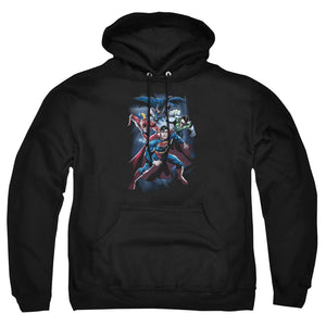 AN OFFCIALLY LICENSED JLA COSMIC CREW ADULT UNISEX PULLOVER HOODIE BLACK