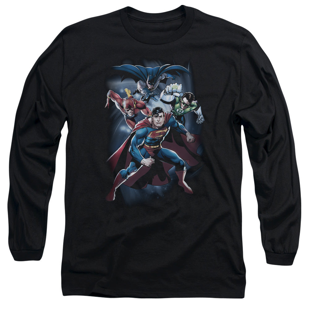 AN OFFCIALLY LICENSED JLA COSMIC CREW MEN'S LONG SLEEVE T-SHIRT BLACK