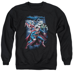 AN OFFCIALLY LICENSED JLA COSMIC CREW ADULT UNISEX CREWNECK SWEATSHIRT BLACK