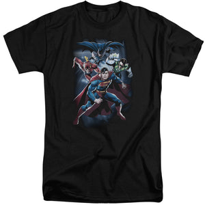 AN OFFCIALLY LICENSED JLA COSMIC CREW MEN'S TALL FIT T-SHIRT BLACK