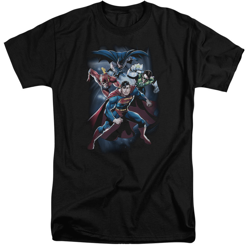 AN OFFCIALLY LICENSED JLA COSMIC CREW MEN'S TALL FIT T-SHIRT BLACK