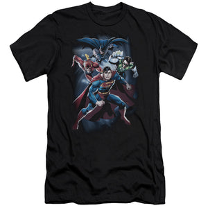 AN OFFCIALLY LICENSED JLA COSMIC CREW MEN'S PREMIUM SLIM FIT T-SHIRT BLACK