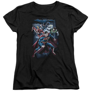 AN OFFCIALLY LICENSED JLA COSMIC CREW WOMEN'S REGULAR FIT T-SHIRT BLACK