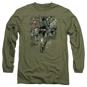 AN OFFCIALLY LICENSED JLA SPACING OUT MEN'S LONG SLEEVE T-SHIRT MILITARY GREEN