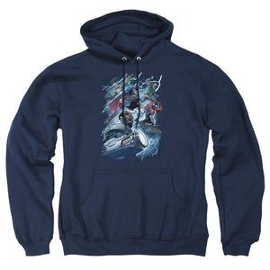 AN OFFCIALLY LICENSED JLA RIDE THE LIGHTENING ADULT UNISEX PULLOVER HOODIE NAVY