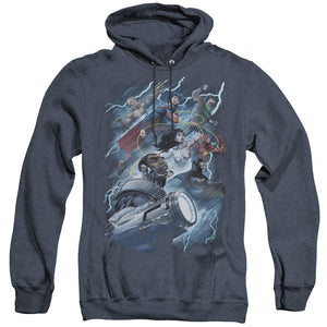 AN OFFCIALLY LICENSED JLA RIDE THE LIGHTENING ADULT UNISEX HEATHER PULLOVER HOODIE NAVY