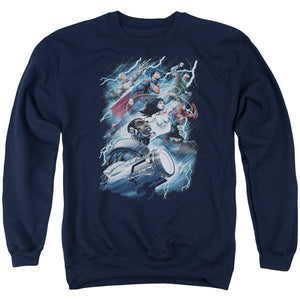 AN OFFCIALLY LICENSED JLA RIDE THE LIGHTENING ADULT UNISEX CREWNECK SWEATSHIRT NAVY