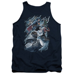 AN OFFCIALLY LICENSED JLA RIDE THE LIGHTENING ADULT UNISEX TANK TOP NAVY