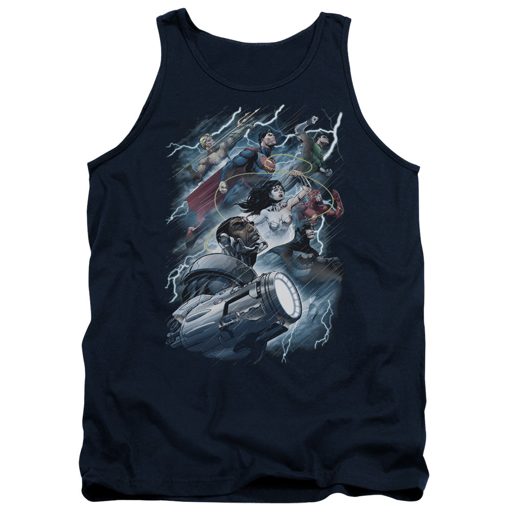 AN OFFCIALLY LICENSED JLA RIDE THE LIGHTENING ADULT UNISEX TANK TOP NAVY