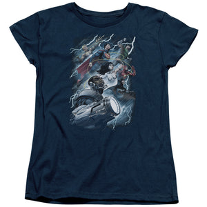 AN OFFCIALLY LICENSED JLA RIDE THE LIGHTENING WOMEN'S REGULAR FIT T-SHIRT NAVY