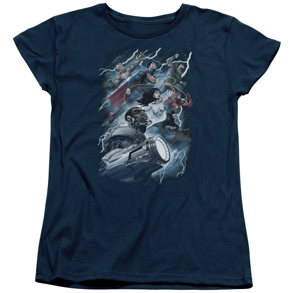 AN OFFCIALLY LICENSED JLA RIDE THE LIGHTENING WOMEN'S REGULAR FIT T-SHIRT NAVY