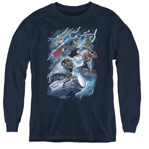 AN OFFCIALLY LICENSED JLA RIDE THE LIGHTENING YOUTH LONG SLEEVE T-SHIRT NAVY